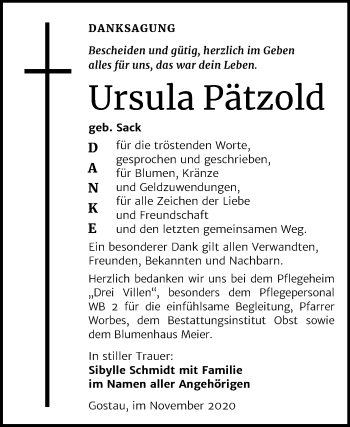 Traueranzeige von Ursula Pätzold von Mitteldeutsche Zeitung Weißenfels