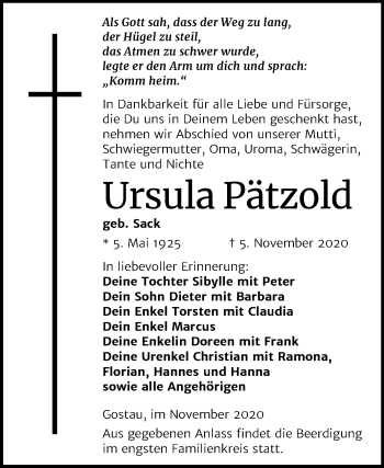 Traueranzeige von Ursula Pätzold von Mitteldeutsche Zeitung Weißenfels