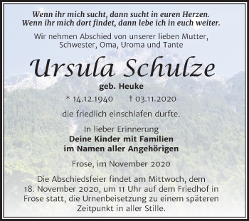 Traueranzeige von Ursula Schulze von Mitteldeutsche Zeitung Aschersleben
