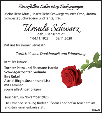 Traueranzeige von Ursula Schwarz von Wochenspiegel Weißenfels