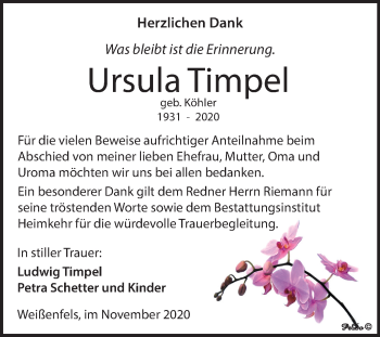 Traueranzeige von Ursula Timpel von Wochenspiegel Weißenfels