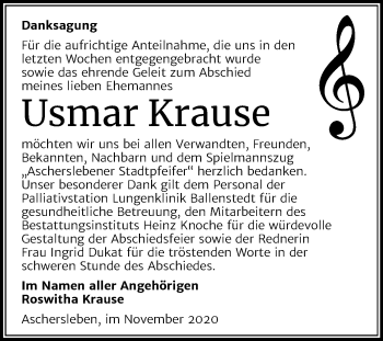 Traueranzeige von Usmar Krause von Mitteldeutsche Zeitung Aschersleben