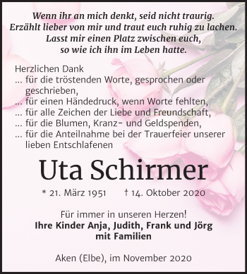 Traueranzeige von Uta Schirmer von Super Sonntag Köthen