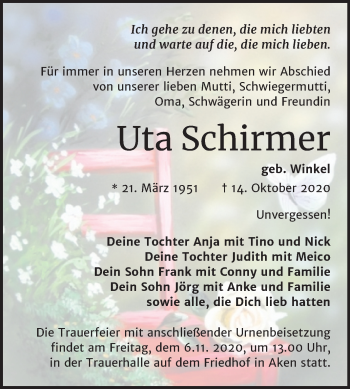 Traueranzeige von Uta Schirmer von Mitteldeutsche Zeitung Köthen