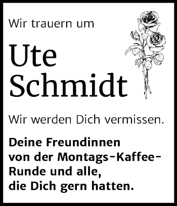 Traueranzeige von Ute Schmidt von Mitteldeutsche Zeitung Wittenberg