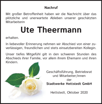 Traueranzeige von Ute Theermann von Mitteldeutsche Zeitung Mansfelder Land / Quedlinburg