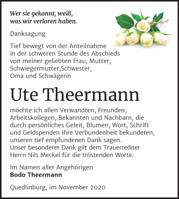 Traueranzeige von Ute Theermann von Super Sonntag Quedlinburg