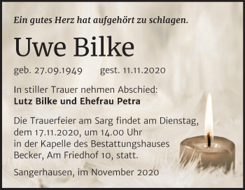 Traueranzeige von Uwe Bilke von Super Sonntag Sangerhausen