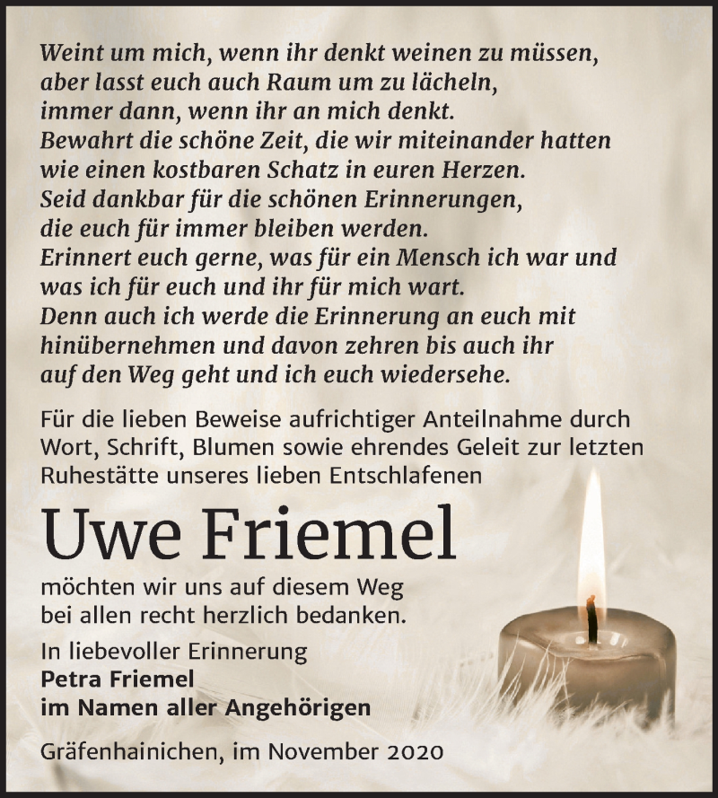  Traueranzeige für Uwe Friemel vom 07.11.2020 aus Mitteldeutsche Zeitung Wittenberg