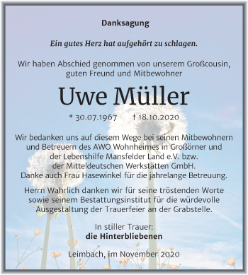 Traueranzeige von Uwe Müller von Mitteldeutsche Zeitung Mansfelder Land