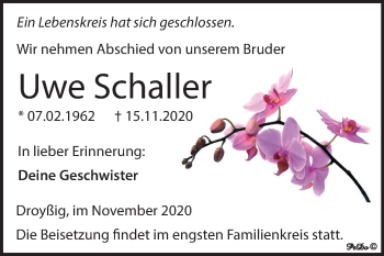 Traueranzeige von Uwe Schaller von Mitteldeutsche Zeitung Zeitz