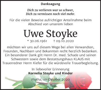 Traueranzeige von Uwe Stoyke von Wochenspiegel Weißenfels