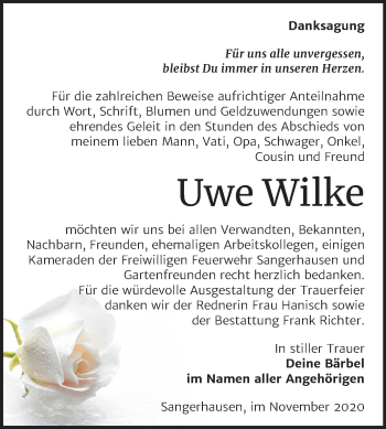 Traueranzeige von Uwe Wilke von Super Sonntag Sangerhausen