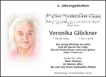 Traueranzeige von Veronika Glöckner von Wochenspiegel Naumburg/Nebra