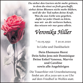 Traueranzeige von Veronika Hiller von Mitteldeutsche Zeitung Bitterfeld