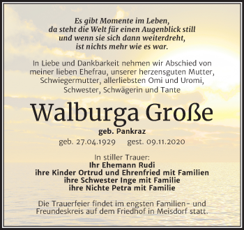 Traueranzeige von Walburga Große von Super Sonntag Aschersleben / Quedlinburg