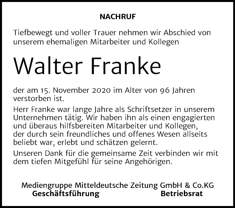 Traueranzeigen von Walter Franke www.abschiednehmen.de