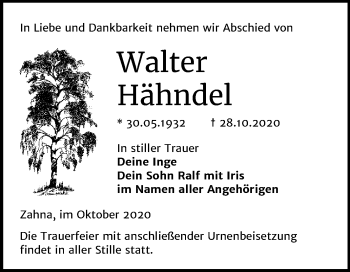 Traueranzeige von Walter Hähndel von Mitteldeutsche Zeitung Wittenberg