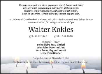 Traueranzeige von Walter Kokles von Mitteldeutsche Zeitung Sangerhausen