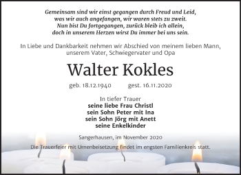 Traueranzeige von Walter Kokles von Super Sonntag Sangerhausen