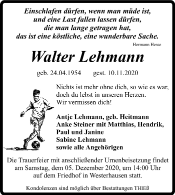 Traueranzeige von Walter Lehmann von Super Sonntag Quedlinburg