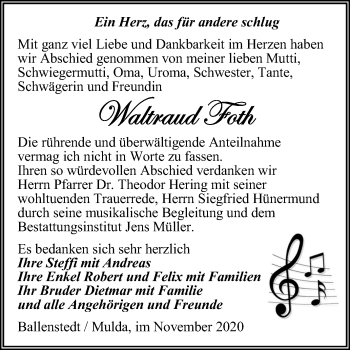 Traueranzeige von Waltraud Foth von Super Sonntag Quedlinburg