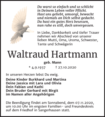 Traueranzeige von Waltraud Hartmann von Mitteldeutsche Zeitung Sangerhausen