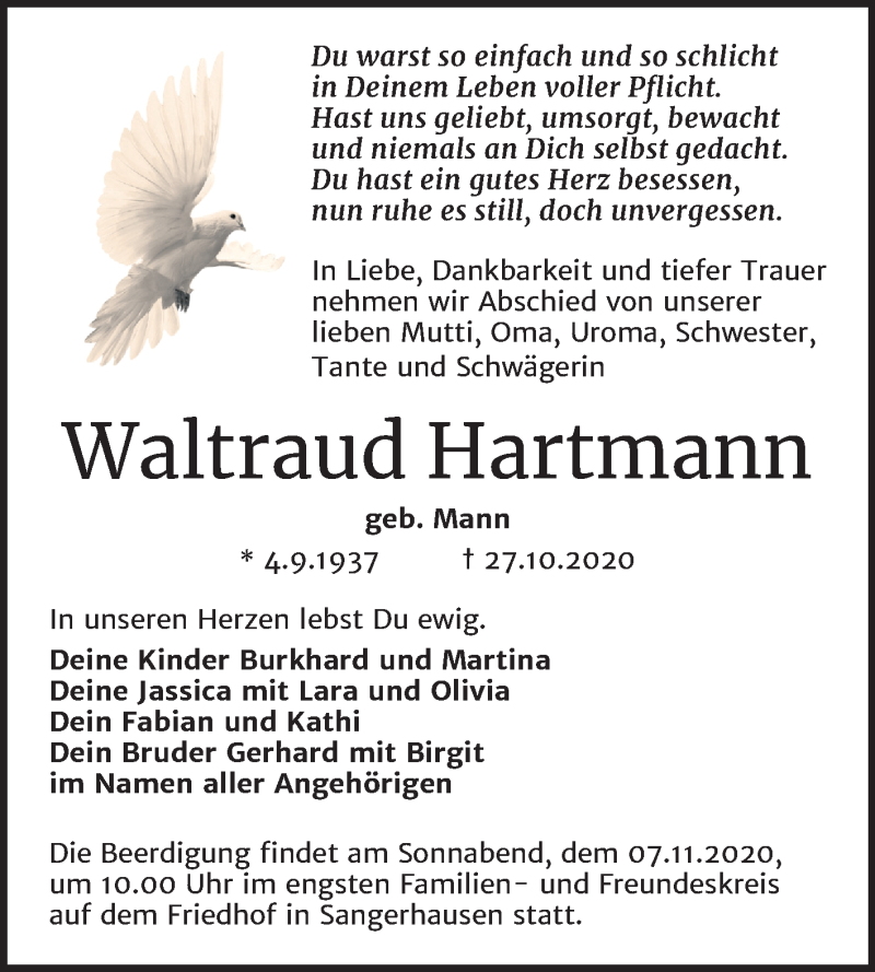  Traueranzeige für Waltraud Hartmann vom 03.11.2020 aus Mitteldeutsche Zeitung Sangerhausen