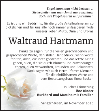 Traueranzeige von Waltraud Hartmann von Mitteldeutsche Zeitung Sangerhausen