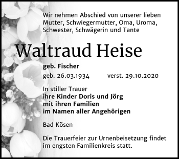 Traueranzeige von Waltraud Heise von Wochenspiegel Naumburg/Nebra