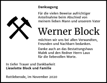 Traueranzeige von Werner Block von Mitteldeutsche Zeitung Sangerhausen