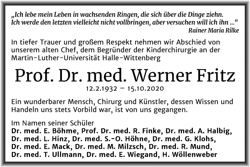  Traueranzeige für Werner Fritz vom 07.11.2020 aus Mitteldeutsche Zeitung Dessau-Roßlau / Halle/Saalkreis