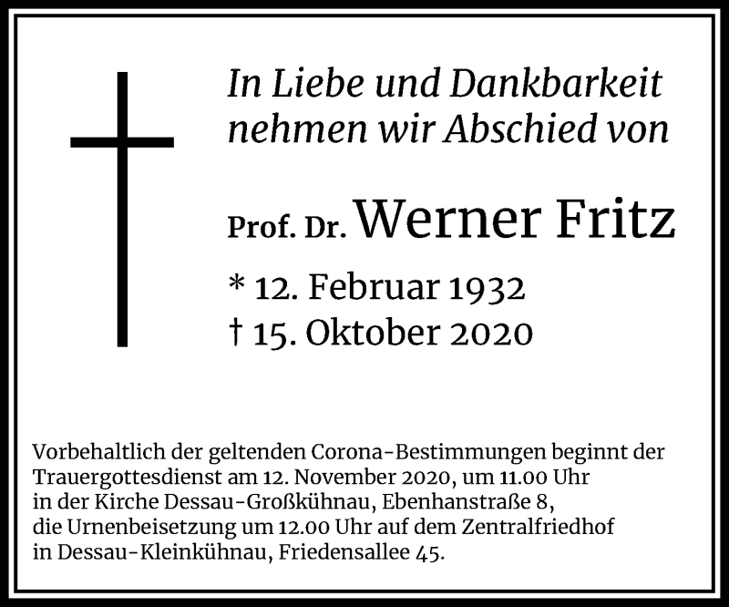  Traueranzeige für Werner Fritz vom 07.11.2020 aus Mitteldeutsche Zeitung Halle/Saalkreis