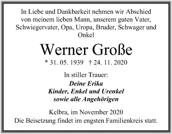 Traueranzeige von Werner Große von Super Sonntag Sangerhausen