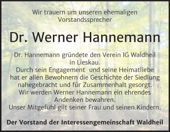 Traueranzeige von Werner Hannemann von Mitteldeutsche Zeitung Halle/Saalkreis