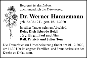 Traueranzeige von Werner Hannemann von Mitteldeutsche Zeitung Halle/Saalkreis