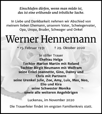 Traueranzeige von Werner Hennemann von Mitteldeutsche Zeitung Zeitz