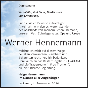 Traueranzeige von Werner Hennemann von Super Sonntag Zeitz