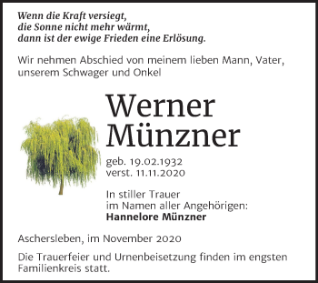 Traueranzeige von Werner Münzner von Mitteldeutsche Zeitung Aschersleben