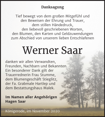 Traueranzeige von Werner Saar von Mitteldeutsche Zeitung Quedlinburg