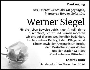 Traueranzeige von Werner Siegel von Mitteldeutsche Zeitung Bitterfeld
