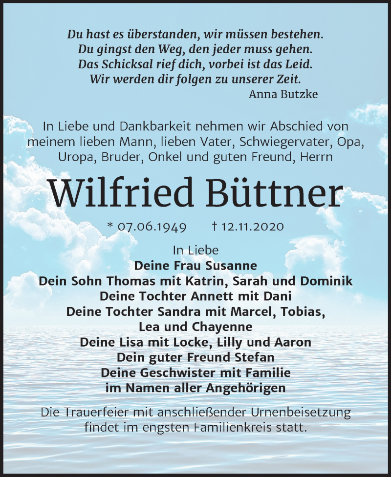  Traueranzeige für Wilfried Büttner vom 21.11.2020 aus Mitteldeutsche Zeitung Weißenfels