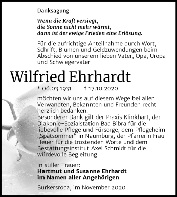 Traueranzeige von Wilfried Ehrhardt von Wochenspiegel Naumburg/Nebra