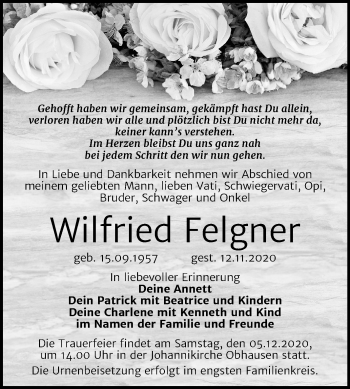 Traueranzeige von Wilfried Felgner von Super Sonntag Merseburg/Querfurt