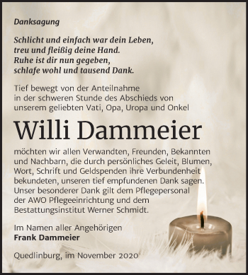 Traueranzeige von Willi Dammeier von Mitteldeutsche Zeitung Quedlinburg