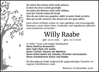 Traueranzeige von Willy Raabe von Mitteldeutsche Zeitung Bitterfeld