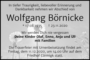 Traueranzeige von Wolfgang Börnicke von Mitteldeutsche Zeitung Bernburg