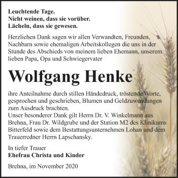 Traueranzeige von Wolfgang Henke von Wochenspiegel Bitterfeld