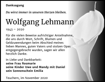 Traueranzeige von Wolfgang Lehmann von Super Sonntag Weißenfels