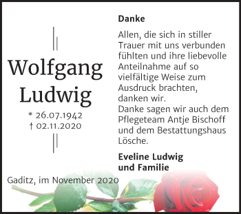 Traueranzeige von Wolfgang Ludwig von Mitteldeutsche Zeitung Wittenberg
